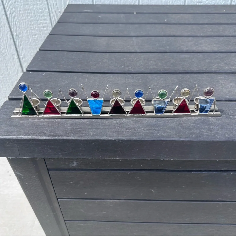 Hanukkah Menorah Colorful Stained Glass Candle Holder